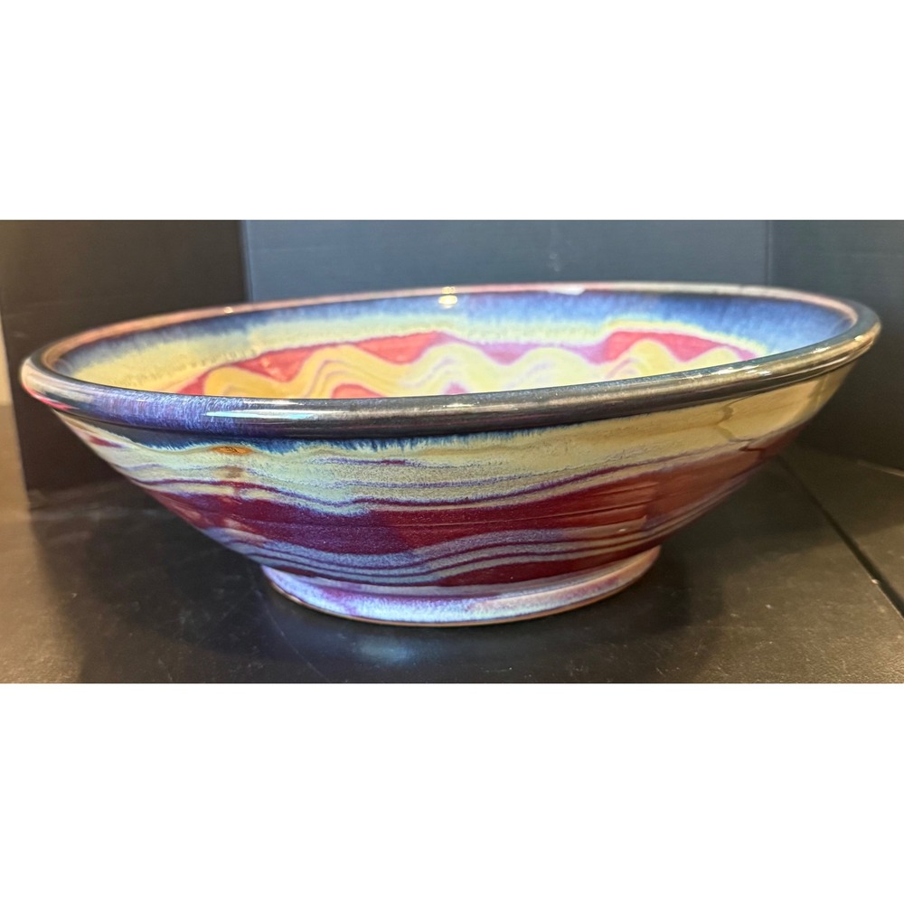 Studio Art Pottery Serving Bowl Multi Color Purple Spiral Glaze‎ Statement Boho - Picture 2 of 5